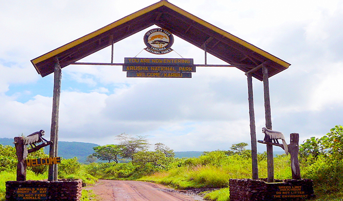 The entrance gate to Arusha National Park, framed by lush green forest and official park signage.
