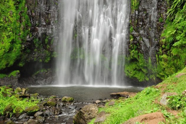 A powerful, towering veil of water cascading down a lush green cliffside into a natural pool at the base of the Materuni falls.